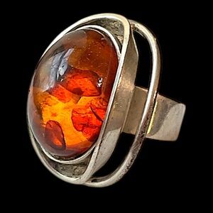 Vintage 835 Silver Baltic Amber Adjustable Brutalist Ring